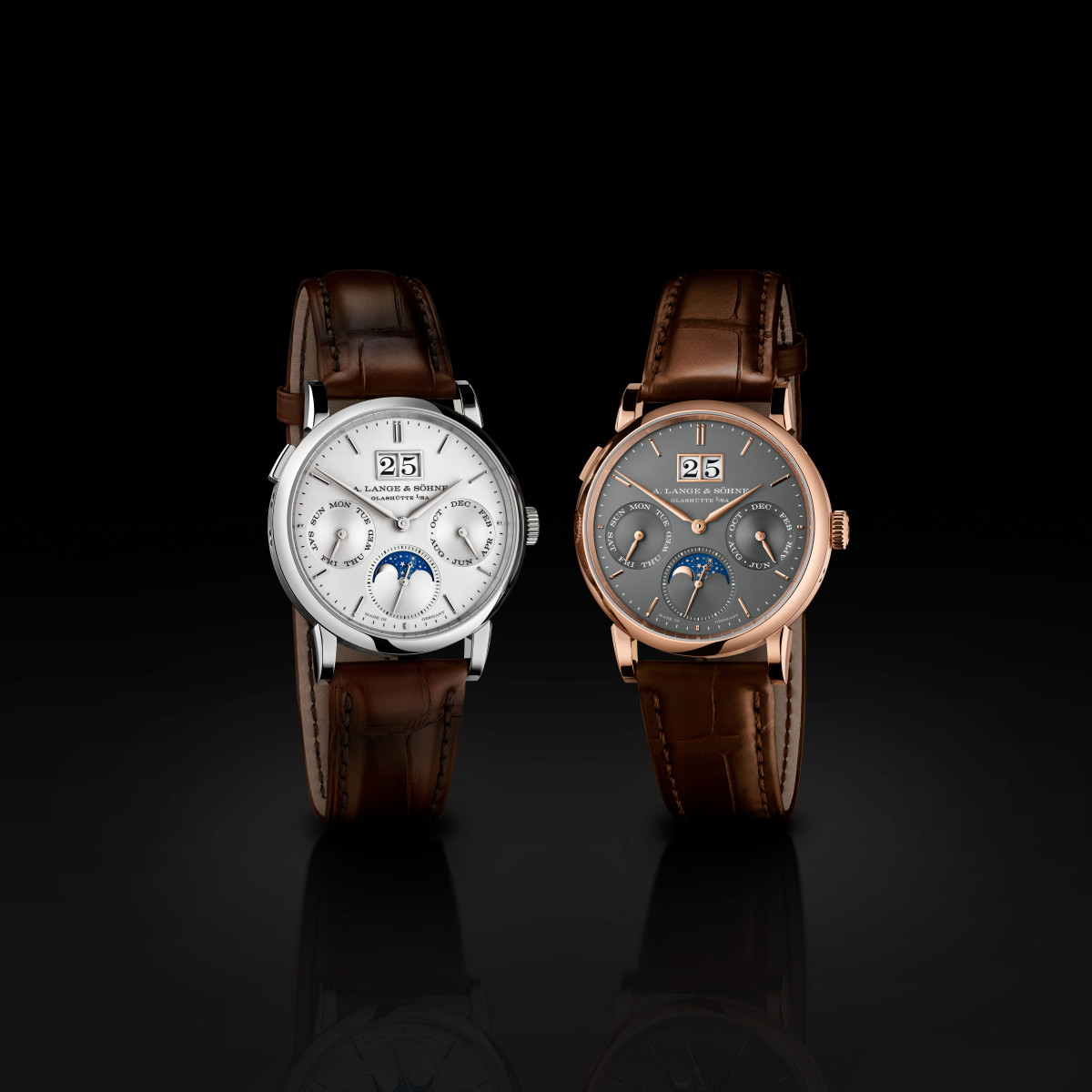 A clear studio photograph of the Saxonia from A. Lange & Söhne, its signature dial and case clearly visible