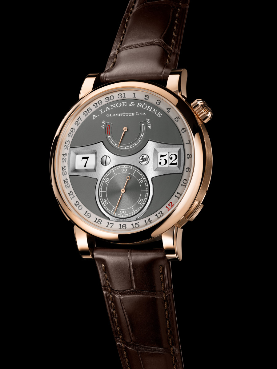A clear studio photograph of the Zeitwerk from A. Lange & Söhne, its signature dial and case clearly visible