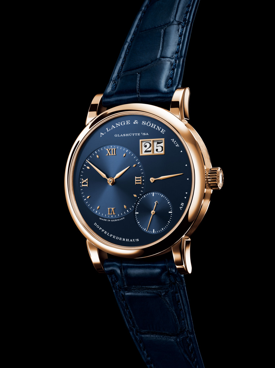 A clear studio photograph of the Lange 1 from A. Lange & Söhne, its signature dial and case clearly visible