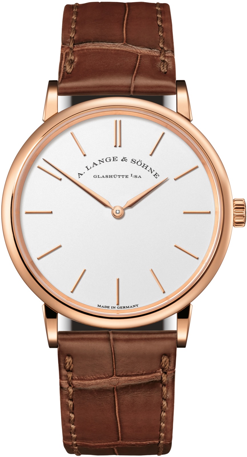 A Saxonia Thin with a plain silver dial, slim gold case, and simple baton hands