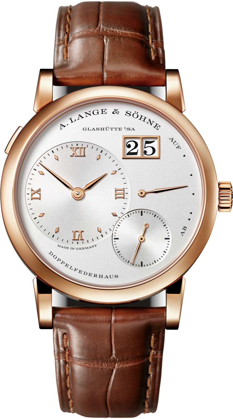 A Lange 1 dial showing the off-center layout with the large outsize date in the upper right corner