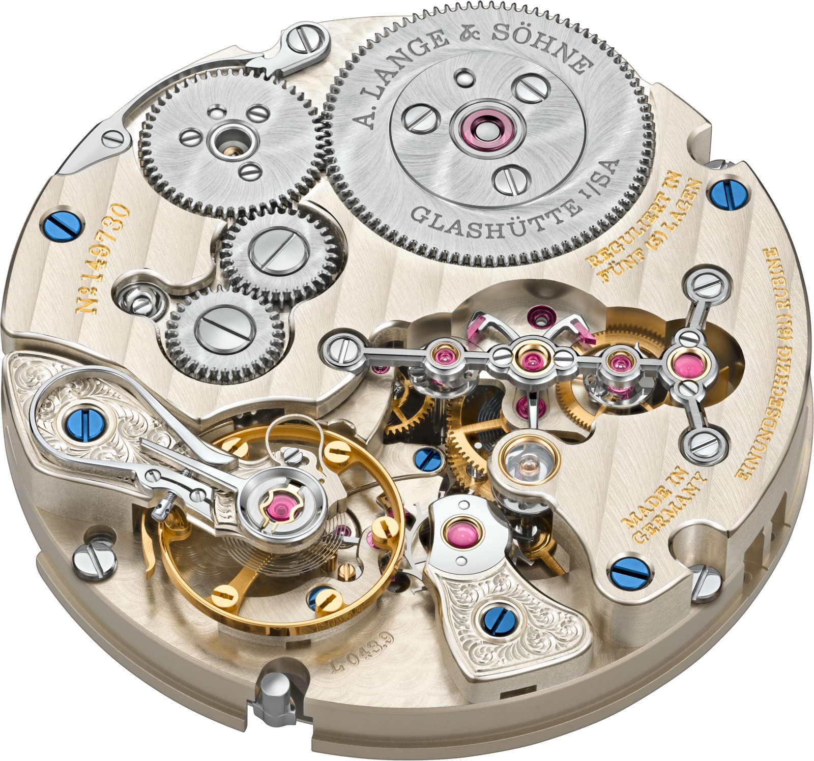 A close view of a hand-engraved balance cock on a Lange movement, showing the fine engraving lines and the warm tone of German silver