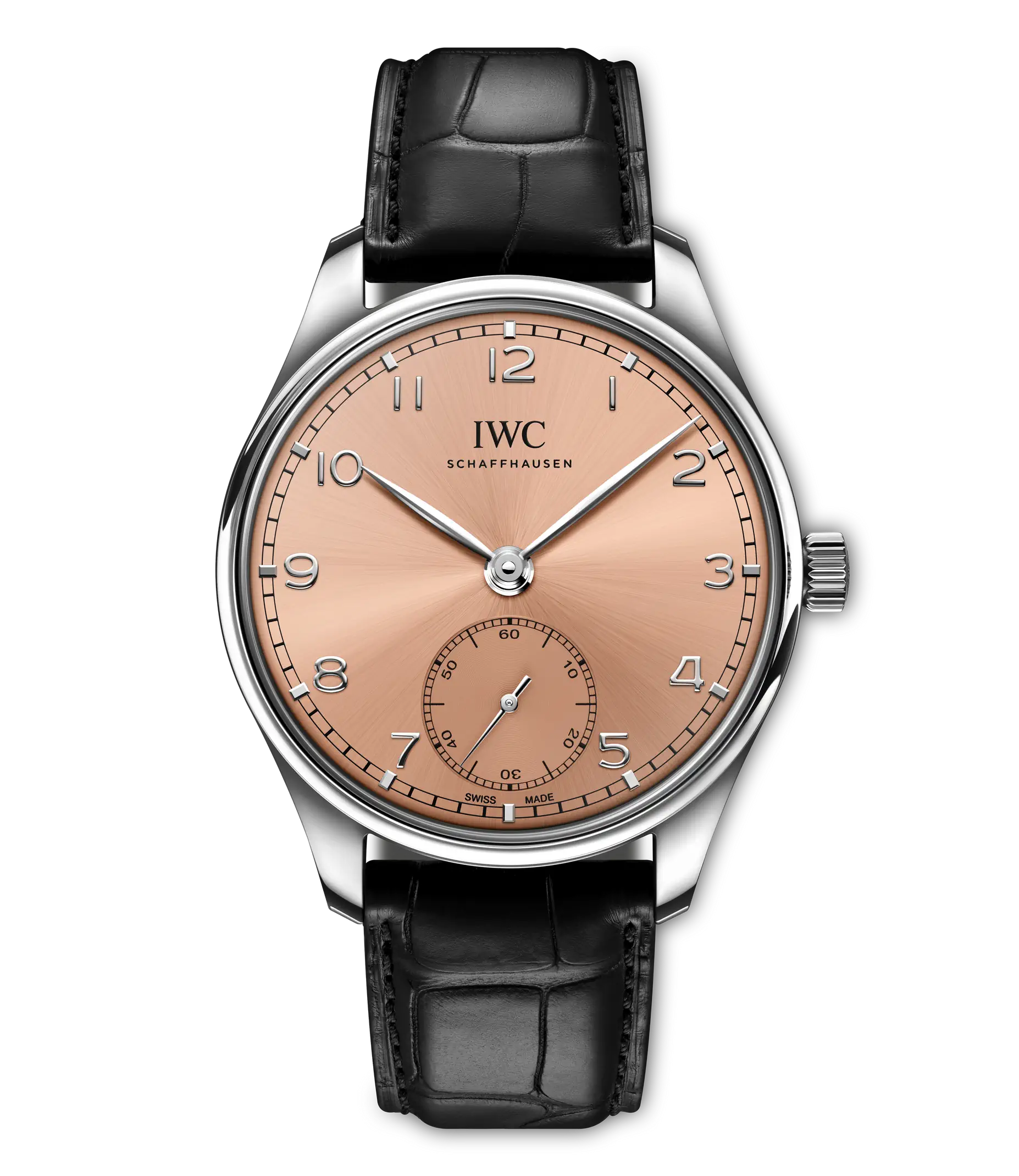 A clear studio photograph of the Portugieser from IWC Schaffhausen, its signature dial and case clearly visible
