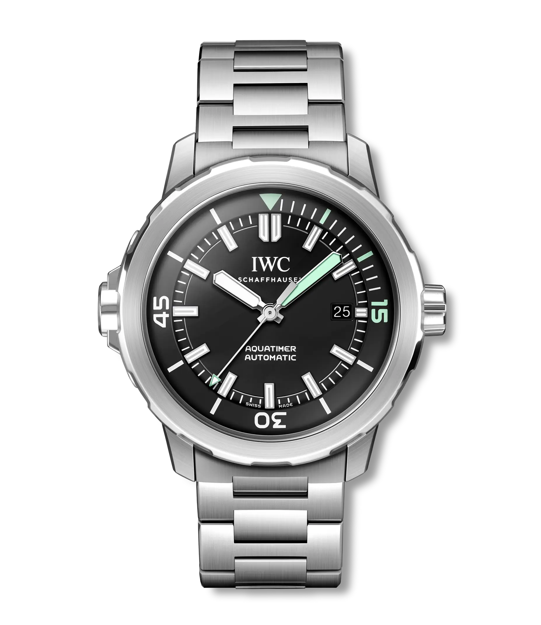 A clear studio photograph of the Aquatimer from IWC Schaffhausen, its signature dial and case clearly visible