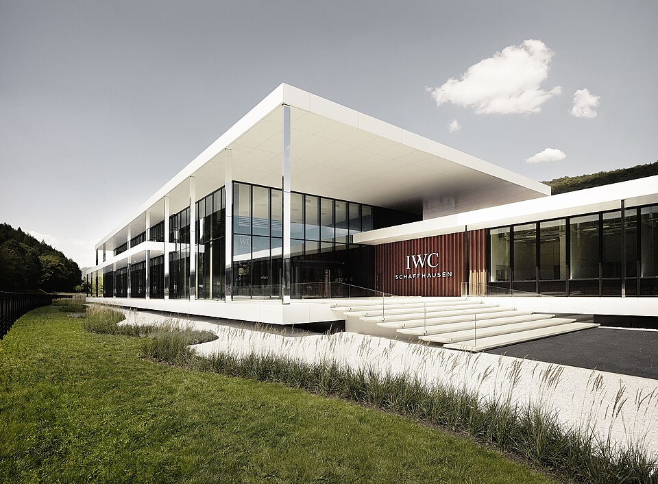 The modern IWC Manufakturzentrum in Schaffhausen, the glass and pale stone production center opened in 2018, photographed from the front