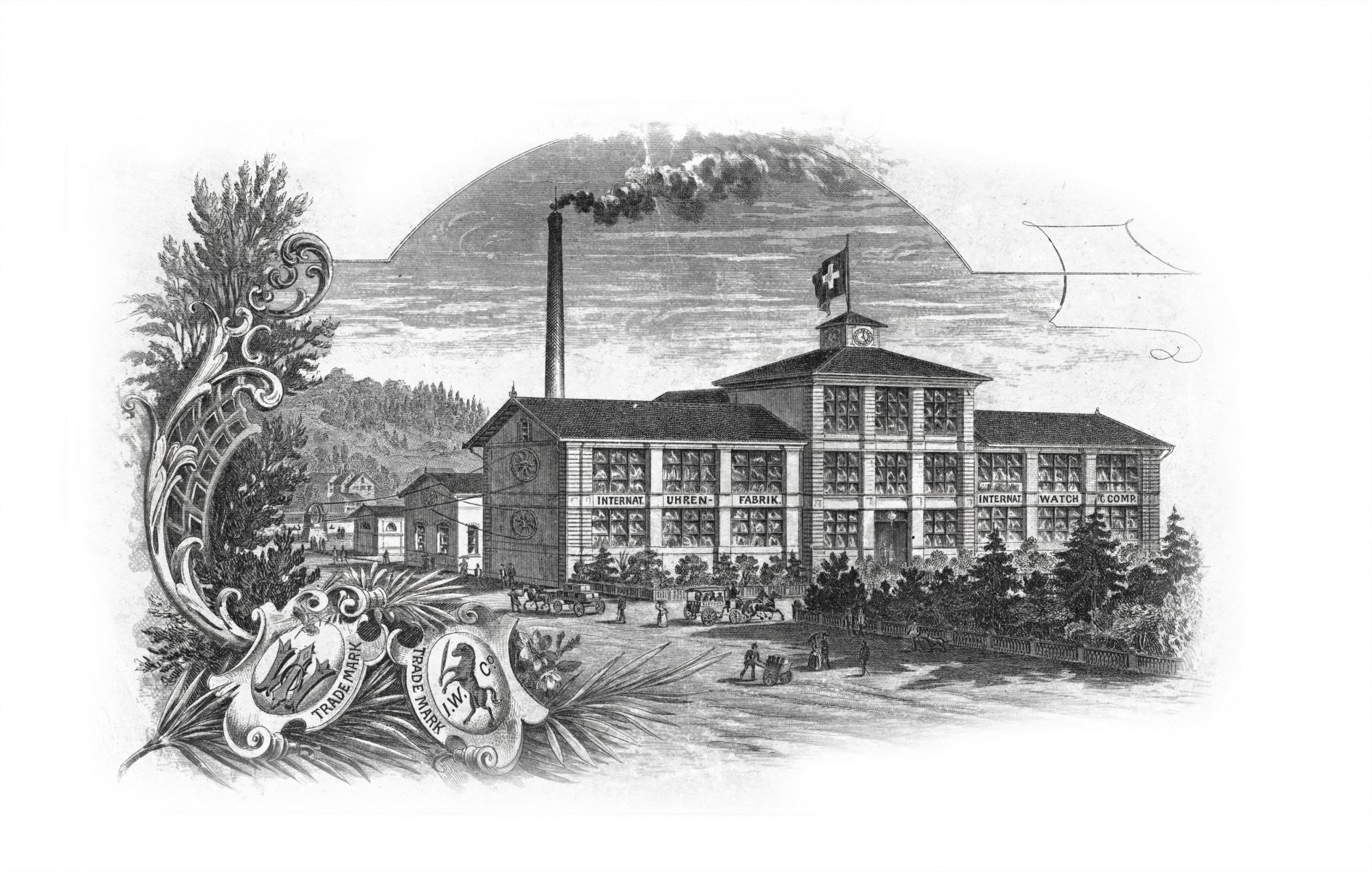 The IWC factory building on the banks of the Rhine in Schaffhausen, its long facade reflected in the water, the original 1875 manufacturing hall that still serves as company headquarters