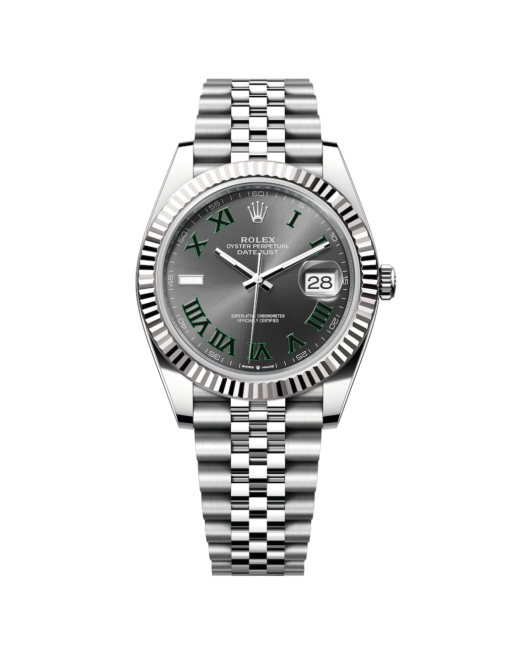 A studio photograph of a Rolex Datejust 41 on a Jubilee bracelet with a fluted bezel and date Cyclops