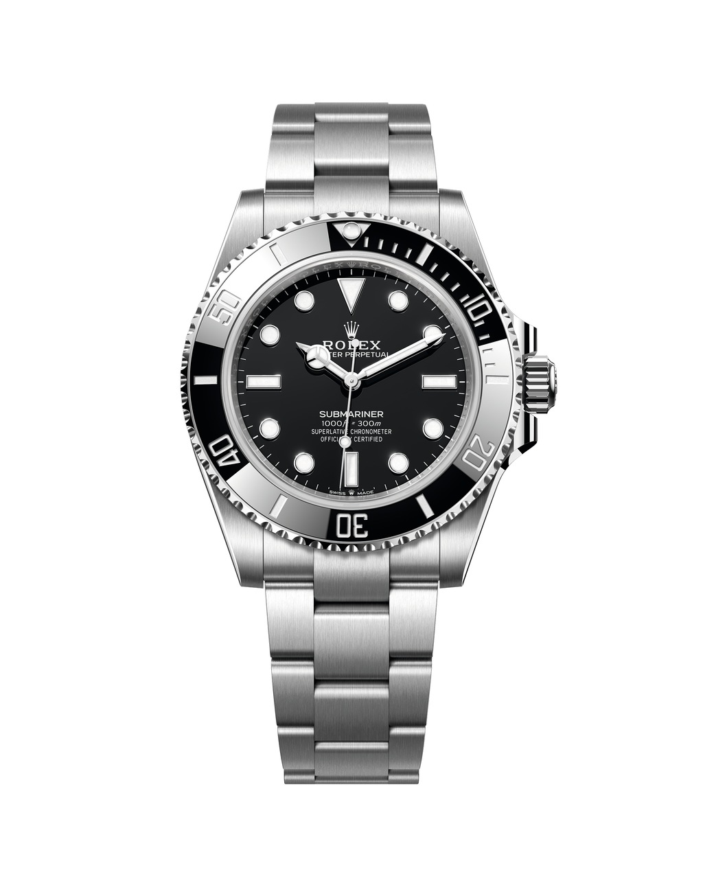 A studio photograph of a Rolex Submariner Date in Oystersteel with a black rotating bezel and Cerachrom insert