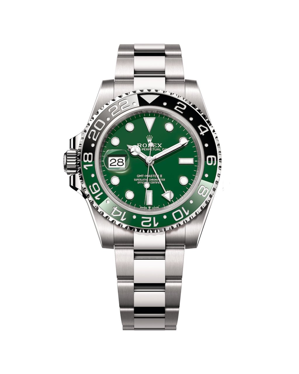 A studio photograph of a Rolex GMT-Master II with a green and black Cerachrom bezel, the "Sprite"