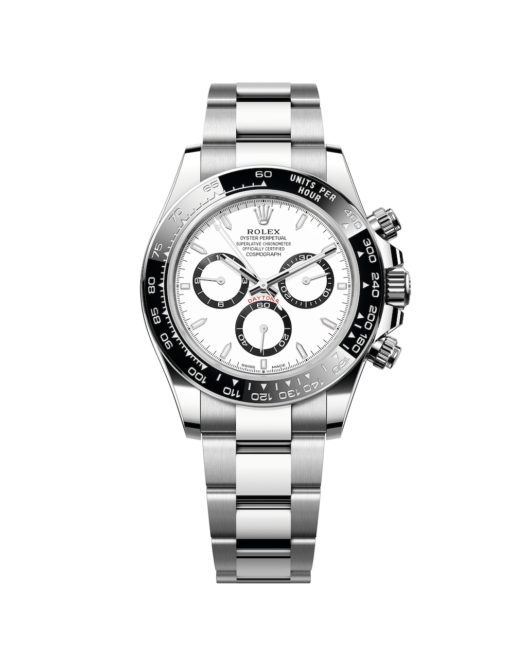 A studio photograph of a Rolex Cosmograph Daytona in Oystersteel with a white dial and three chronograph subdials