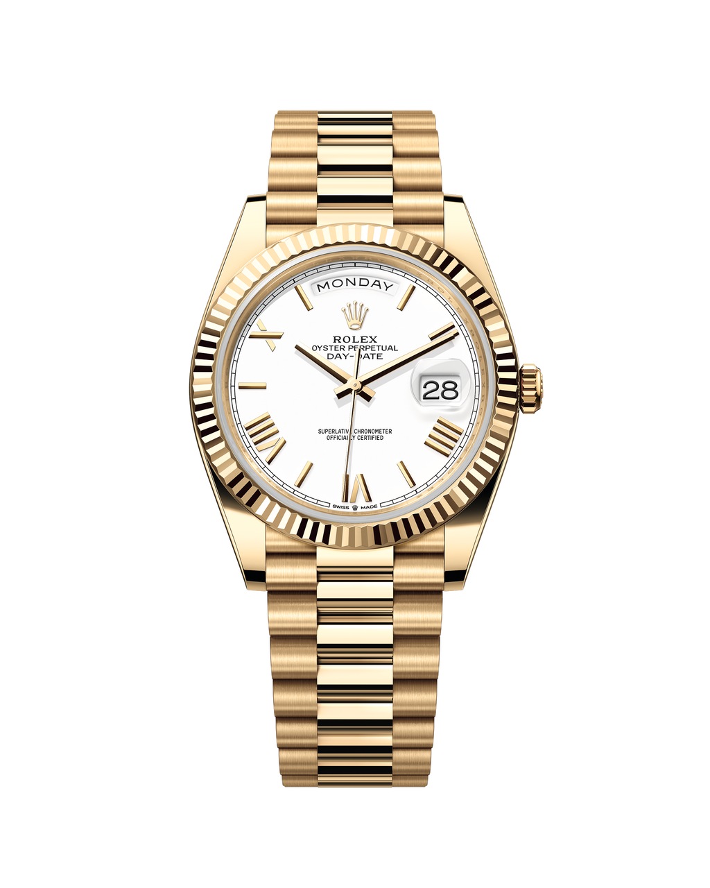 A studio photograph of a Rolex Day-Date 40 in yellow gold on the President bracelet with day and date windows