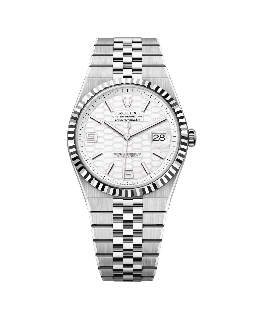 A studio photograph of a Rolex Land-Dweller 40 with an integrated Flat Jubilee bracelet and honeycomb dial