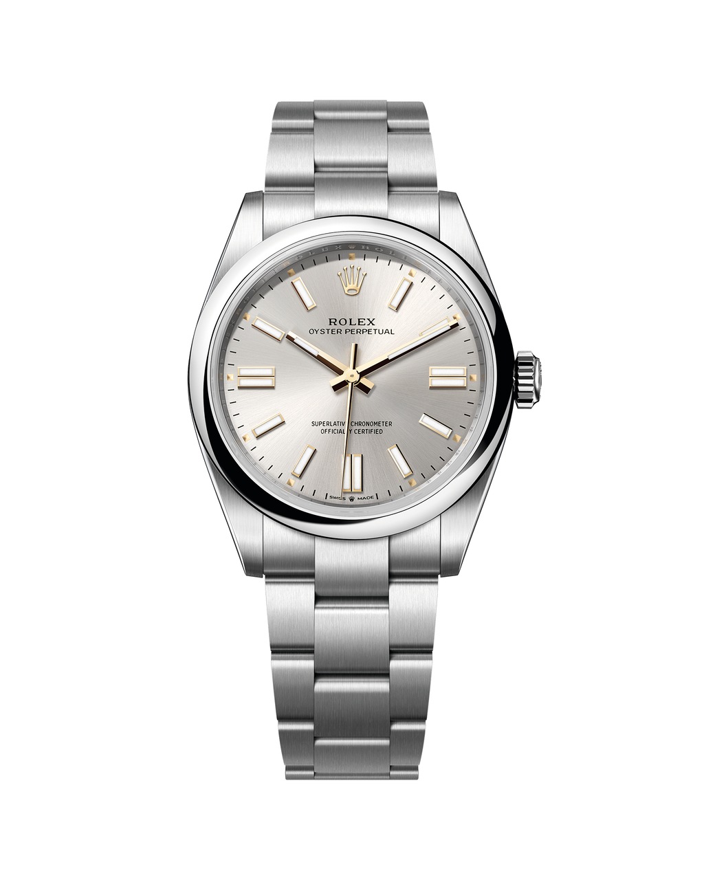 A studio photograph of a Rolex Oyster Perpetual 41 in Oystersteel with a clean colored dial, no date