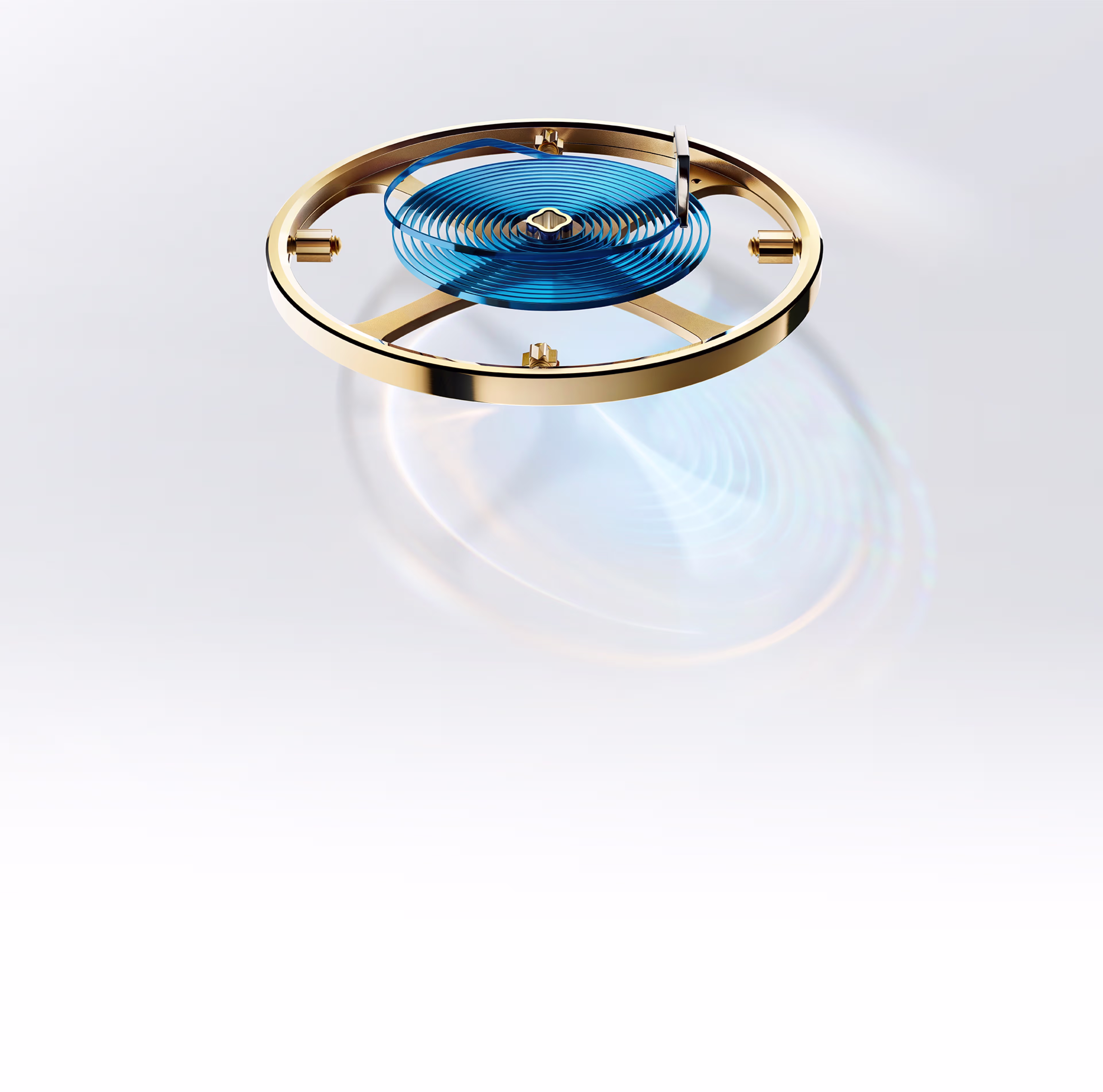 A Rolex Parachrom hairspring, colored blue, alongside the Perpetual rotor of a self-winding movement